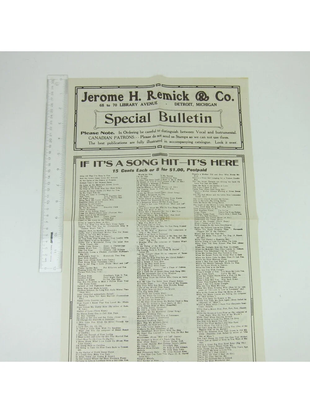 Sheet Music Jerome H. Remick & Co Advertising Special Bulletin Antique 1914 RARE